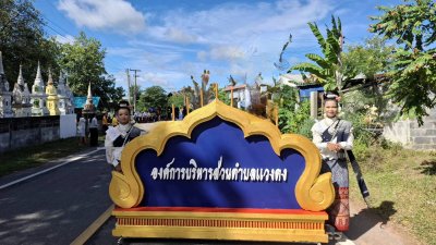 ป้ายวัดและผู้ร่วมขบวนโครงการแห่เทียนตำบลแวงดง ปี 2568