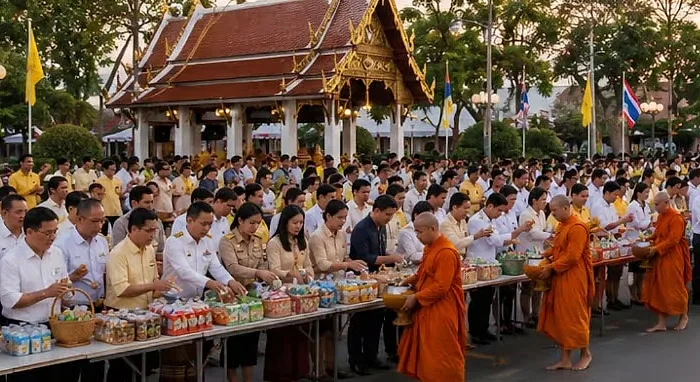 ประชาชนร่วมทำบุญตักบาตรบนถนนหน้าศาลในภาพกิจกรรมจากคลิปประชาสัมพันธ์ทางการ จุดเวลาประมาณ 03:09.9