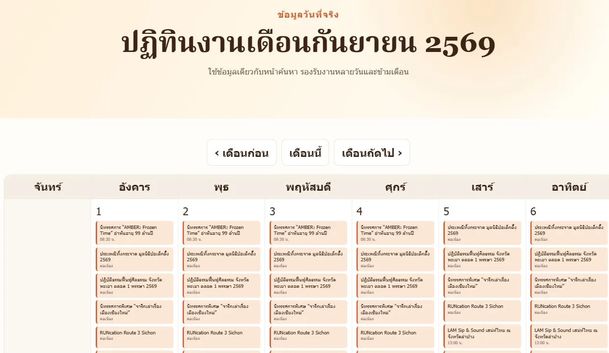 ส่วนบนของปฏิทิน Thai Faith Day พร้อมปุ่มเลือกเดือนและรายการงานวันที่ 1 ถึง 6 กันยายน 2569