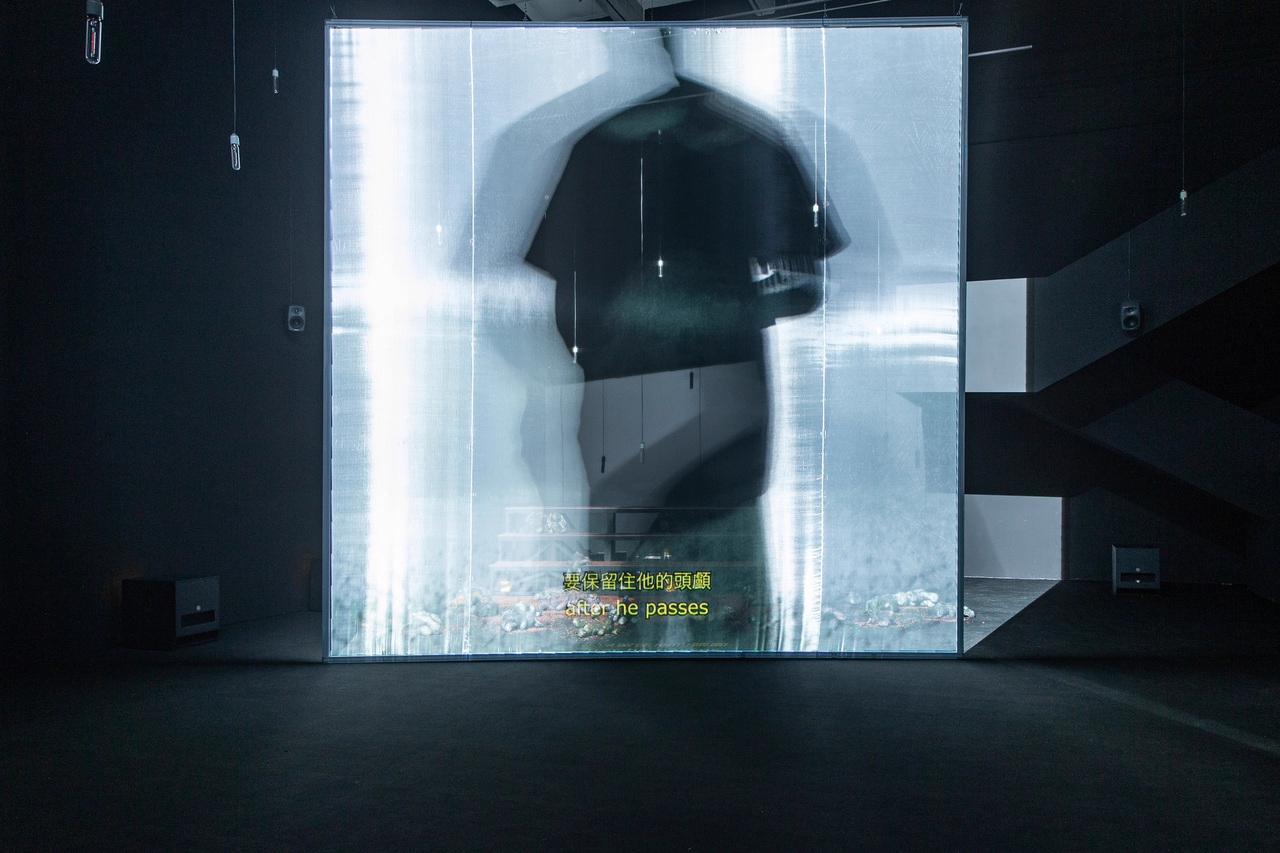 ภาพจอโปร่งใสและบรรยากาศการจัดแสดง Love after Death ในงาน Taipei Biennial 2025 ปี 2568