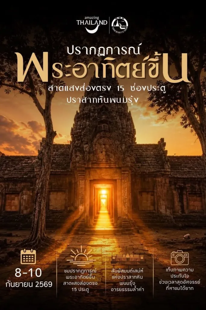 เชิญชมปรากฎการณ์พระอาทิตย์ขึ้นสาดส่องตรง 15 ช่องประตูปราสาทพนมรุ้ง