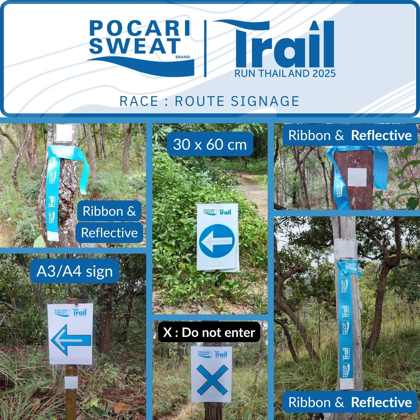 ภาพรวมป้ายและริบบิ้นบอกทางที่ผู้จัดเผยแพร่ประกอบการเตรียมเส้นทาง POCARI SWEAT TRAIL RUN THAILAND 2025 — คงภาพรวมและข้อความกำกับเดิมครบทั้งใบ