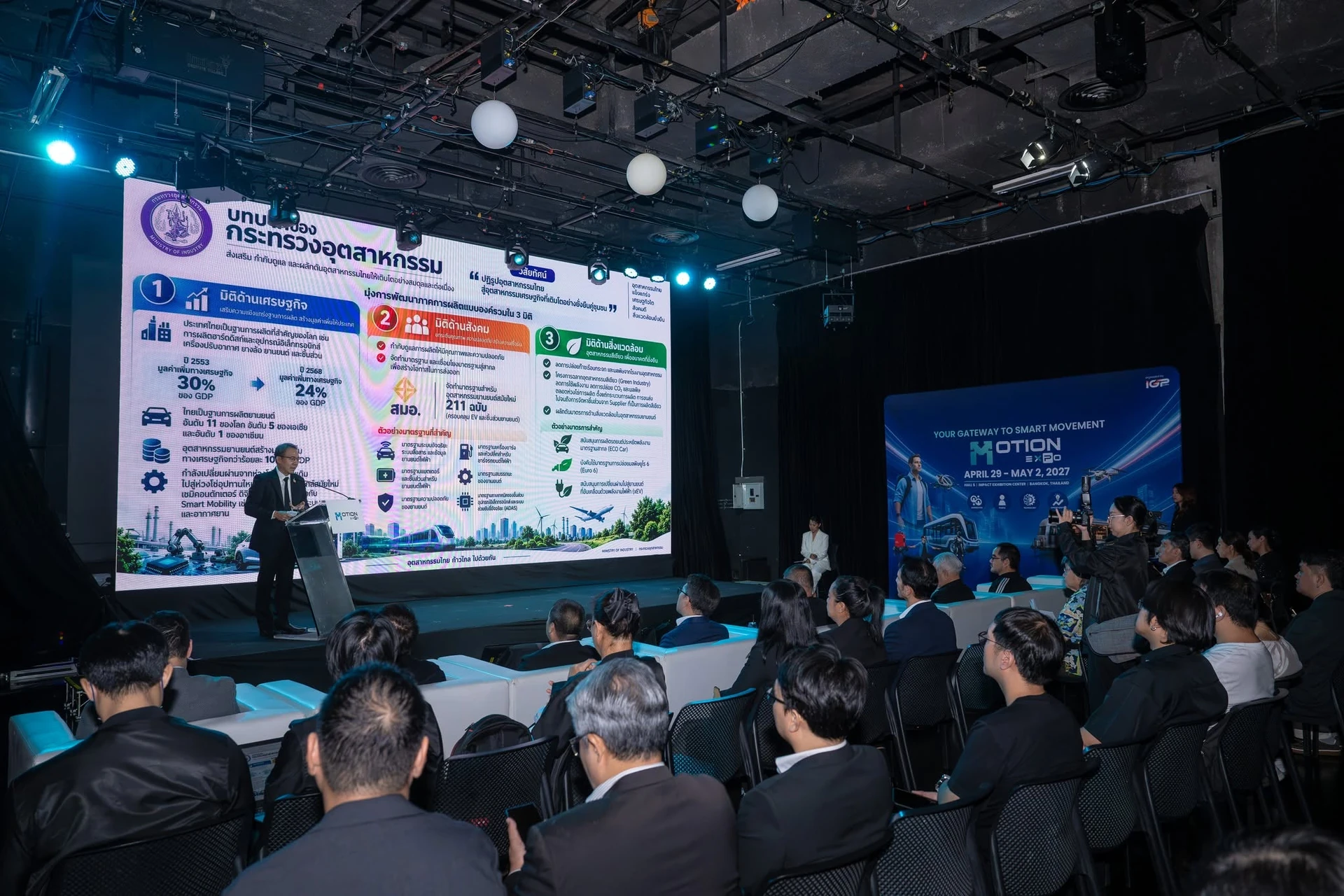 บรรยากาศห้องเสวนาและผู้ฟังพร้อมป้าย Motion Expo 2027 จากรายงานกิจกรรมก่อนงานของผู้จัด คงภาพเต็ม