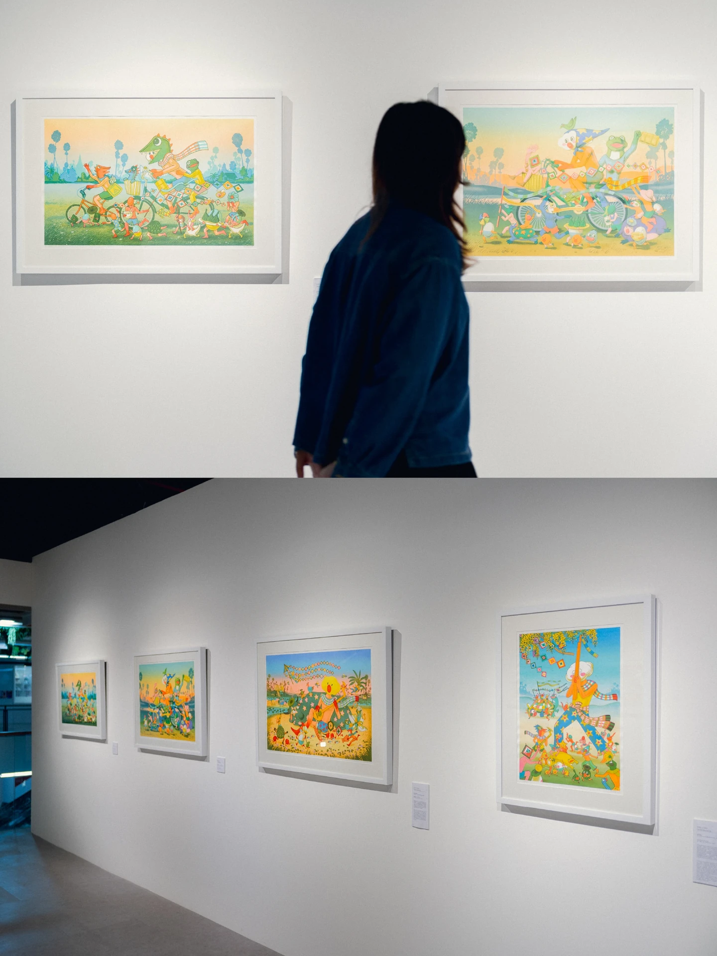 ภาพถ่ายสองมุมของผนังจัดแสดงในนิทรรศการ Cloudy and Friends ตามการจัดวางต้นทาง