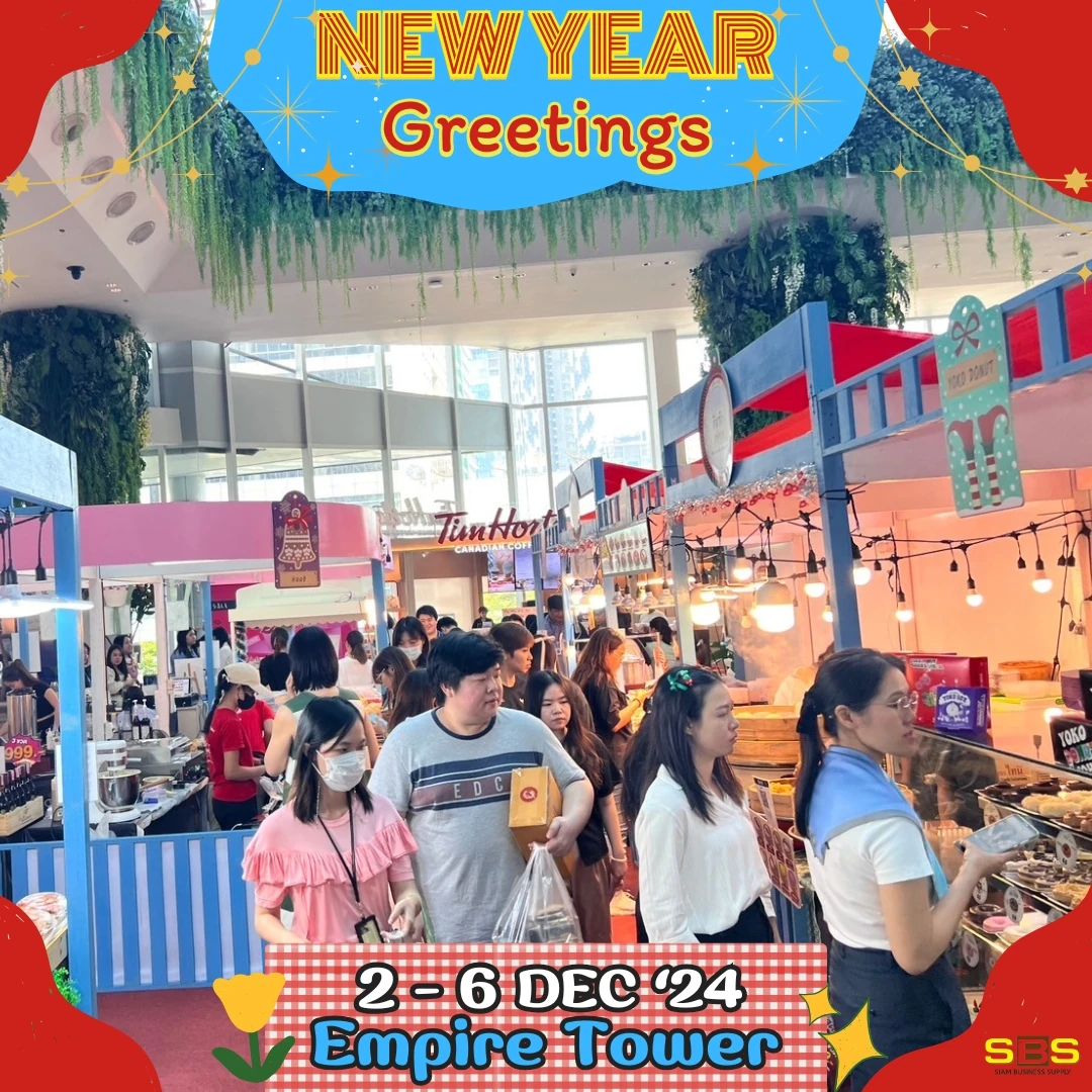 บูธอาหารและผู้คนบริเวณทางเดิน ในกรอบประชาสัมพันธ์ New Year Greetings ที่เอ็มไพร์ทาวเวอร์ของ SBS Event ไม่ระบุวันถ่าย