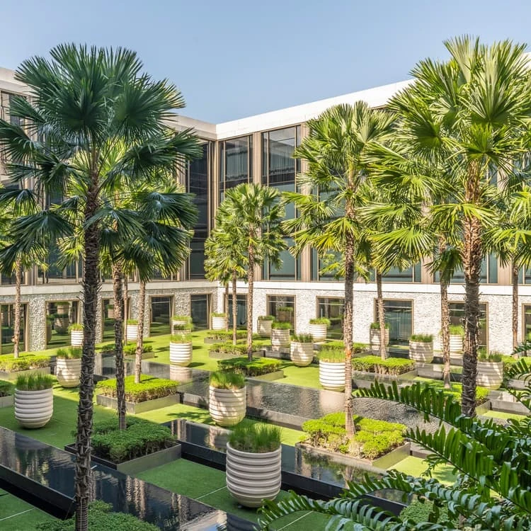 สวนและลานภายในโรงแรมจากภาพ Garden courtyard ที่ผู้จัด Ultra Thailand เผยแพร่ในส่วน Host Partner