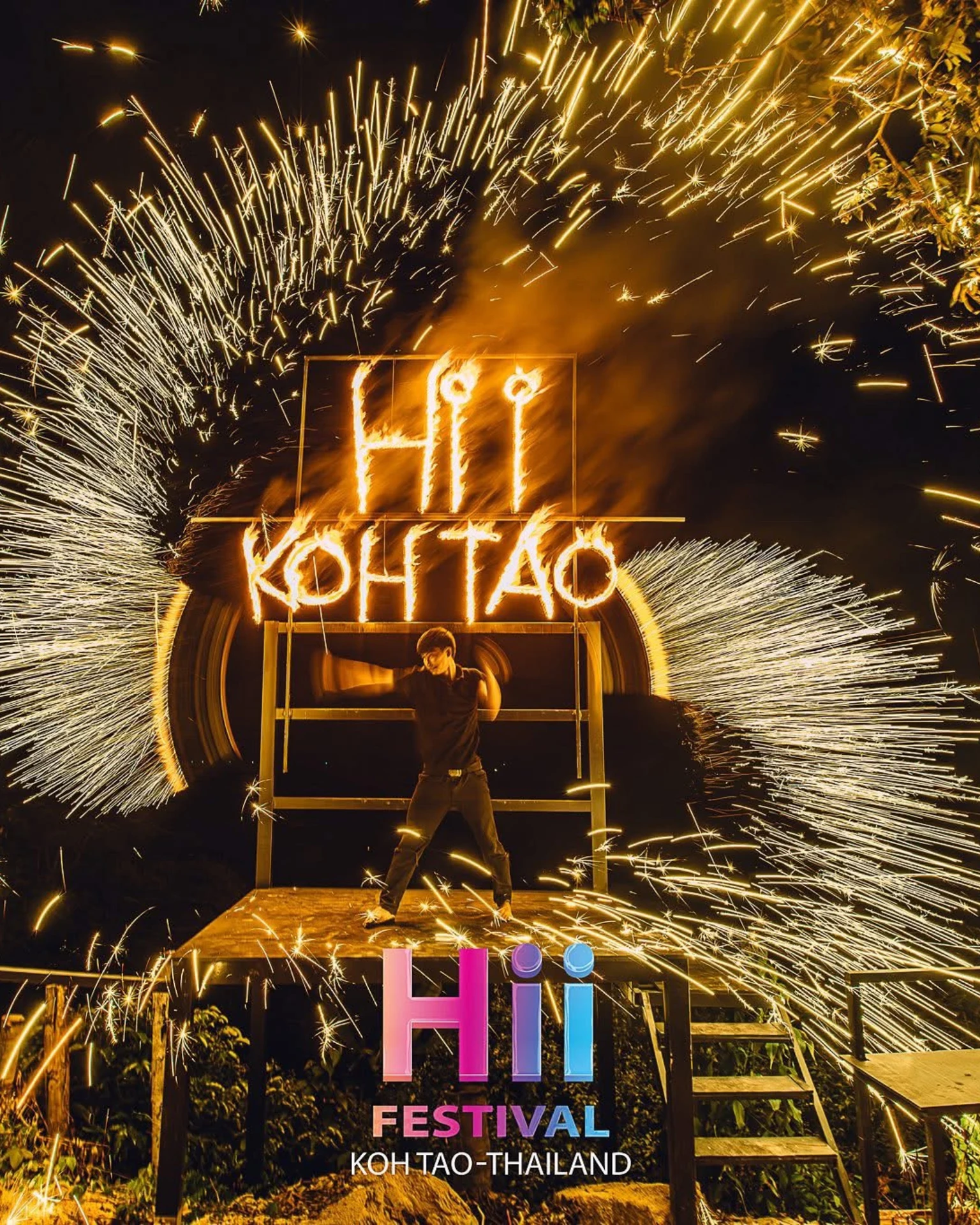 ผู้แสดงหมุนประกายไฟหน้าป้าย Hii Koh Tao ในรอบก่อนหน้าที่ไม่ระบุวันถ่าย